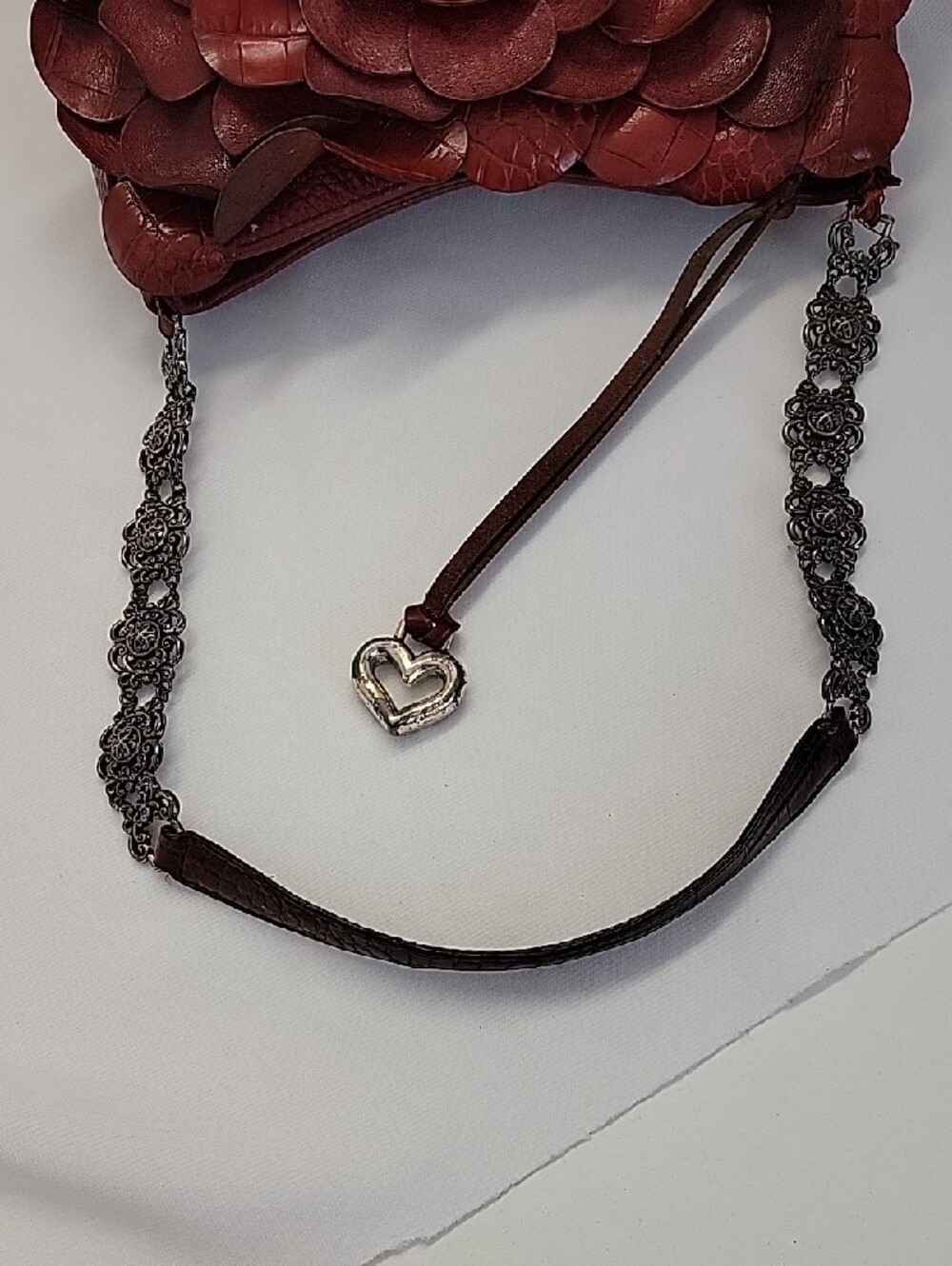 Red leather Brighton Rosalie handbag 3D flower petals - Picture 5 of 9